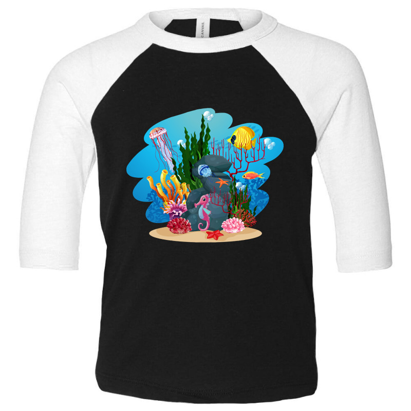 Undersea Life Coral Reef With Fish And Water Plants  Cartoon Landscape Toddler 3/4 Sleeve Tee | Artistshot