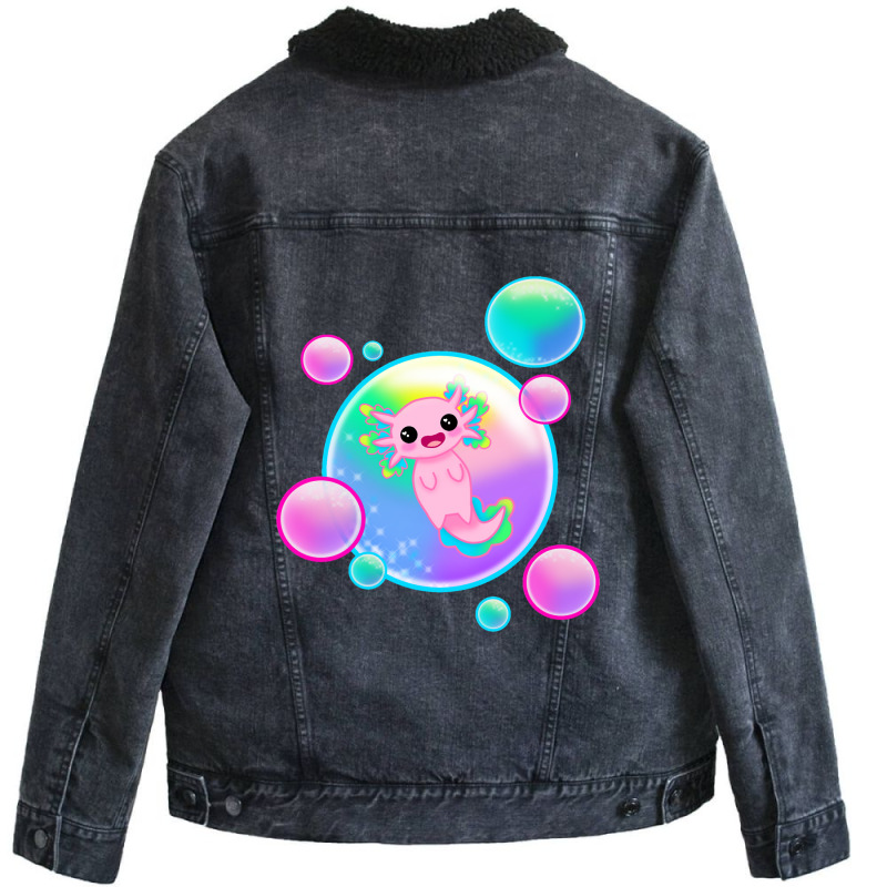 Kawaii Axolotl With Bubbles Unisex Sherpa-Lined Denim Jacket by Min05 | Artistshot