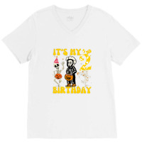 Kids It's My 2nd Birthday Boy Funny Skeleton Pumpkin Halloween V-neck Tee | Artistshot