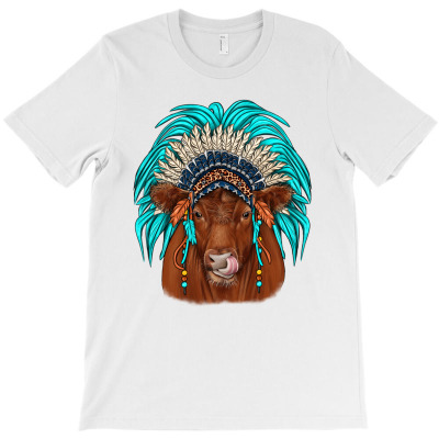 Red Angus Indian Headdress T-shirt Designed By Angel Clark