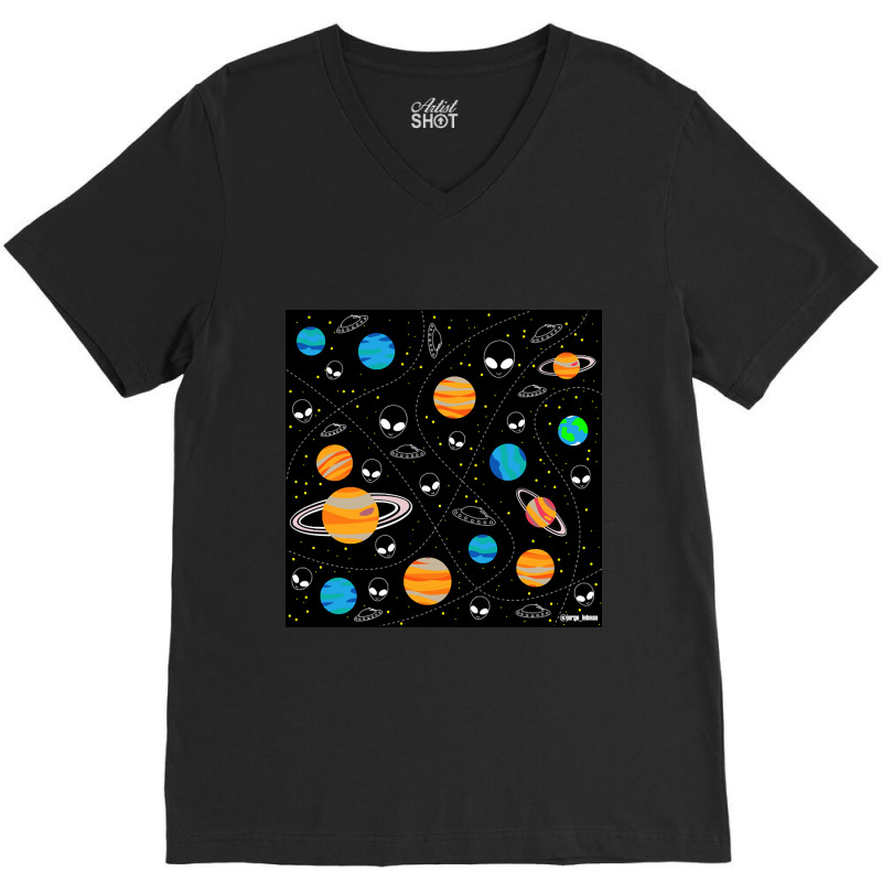 Aliens And Planets A Vector Pattern Wallpaper Ecopop V-neck Tee | Artistshot