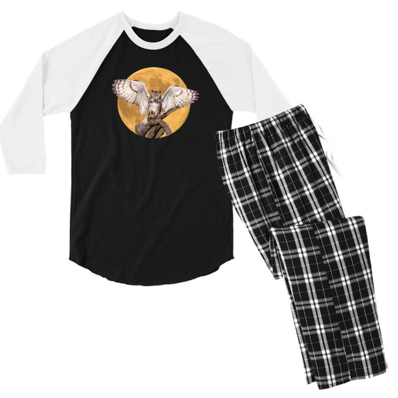 Majestic Great Horned Owl Nocturnal Bird With Full Moon Men's 3/4 Sleeve Pajama Set | Artistshot