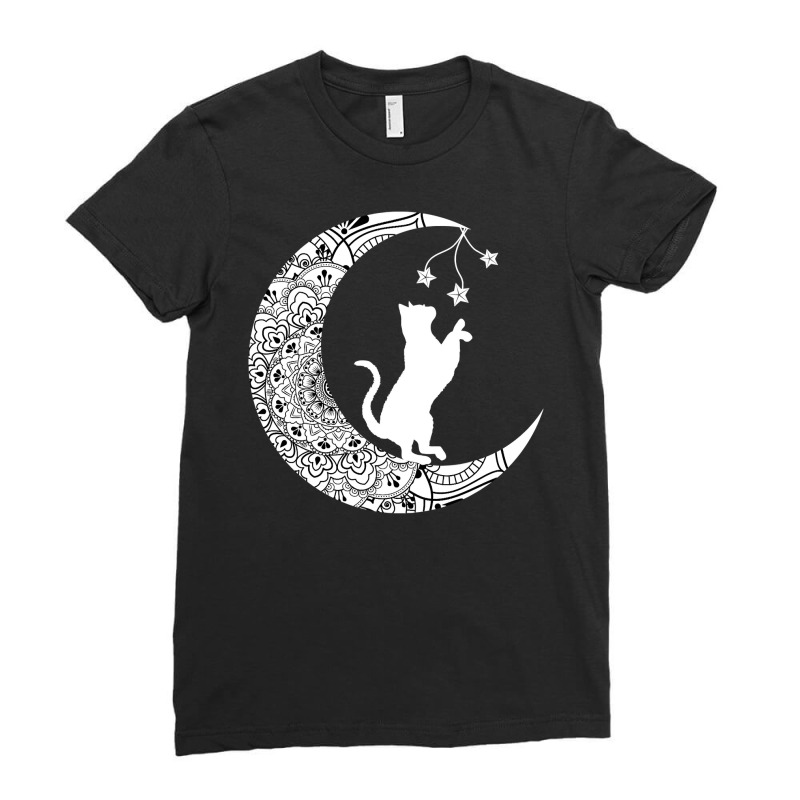 Moon Cat Playful Funny Cat Mandala Crescent Moon Witch Ladies Fitted T-Shirt by BarbaraArtist | Artistshot