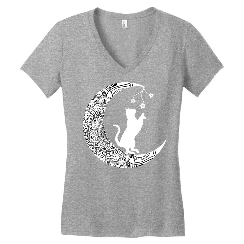 Moon Cat Playful Funny Cat Mandala Crescent Moon Witch Women's V-Neck T-Shirt by BarbaraArtist | Artistshot