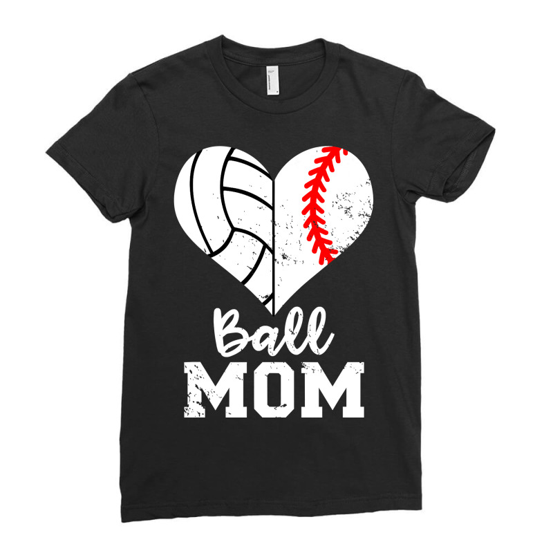 Ball Mom Heart Funny Baseball Volleyball Mom Ladies Fitted T-Shirt by HANANELArtist | Artistshot