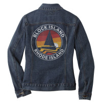 Block Island Rhode Island Vintage Sailboat 70s Retro Sunset Ladies Denim Jacket | Artistshot