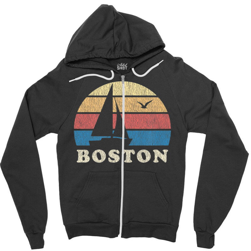 Boston Ma Vintage Sailboat 70s Throwback Sunset Zipper Hoodie | Artistshot