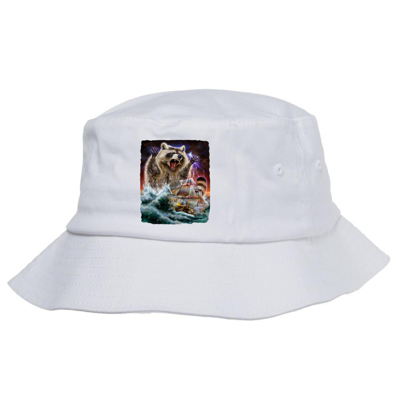 Monster Raccoon As Kraken Attack A War Ship At High Seas Bucket Hat | Artistshot