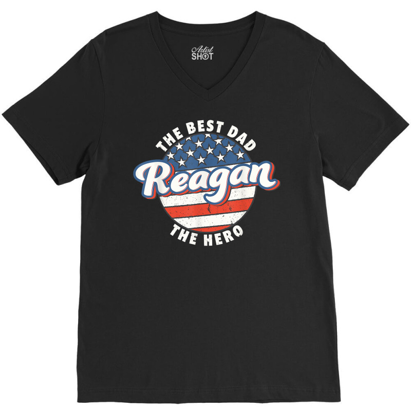 Mens Reagan Best Dad Hero Us Flag Personalised Father's Day T Shirt V-Neck Tee by rennambka | Artistshot