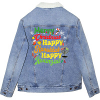 Womens Merry Christmas Happy Hanukkah Happy Kwanzaa Retro V Neck T Shi Unisex Sherpa-lined Denim Jacket | Artistshot