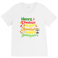 Womens Merry Christmas Happy Hanukkah Happy Kwanzaa Retro V Neck T Shi V-neck Tee | Artistshot