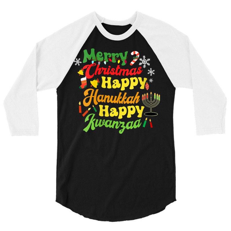 Womens Merry Christmas Happy Hanukkah Happy Kwanzaa Retro V Neck T Shi 3/4 Sleeve Shirt | Artistshot