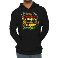 Womens Merry Christmas Happy Hanukkah Happy Kwanzaa Retro V Neck T Shi Lightweight Hoodie | Artistshot