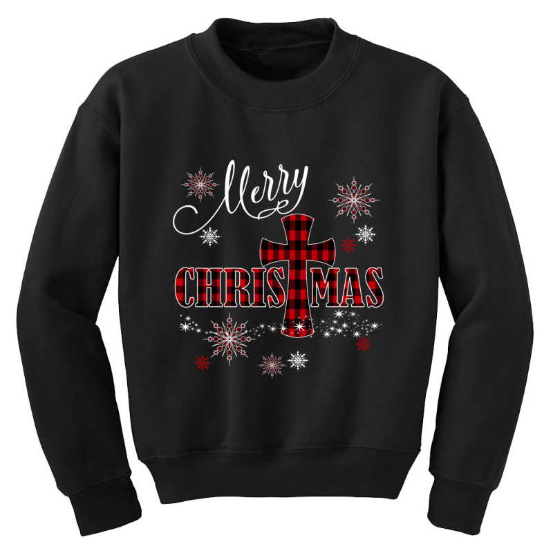 Merry Christmas Cross Buffalo Plaid Christian Holiday Gift Youth Sweatshirt | Artistshot