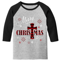 Merry Christmas Cross Buffalo Plaid Christian Holiday Gift Youth 3/4 Sleeve | Artistshot