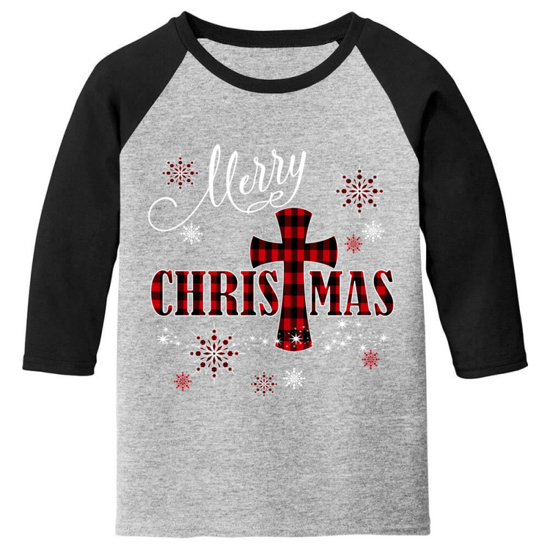 Merry Christmas Cross Buffalo Plaid Christian Holiday Gift Youth 3/4 Sleeve | Artistshot