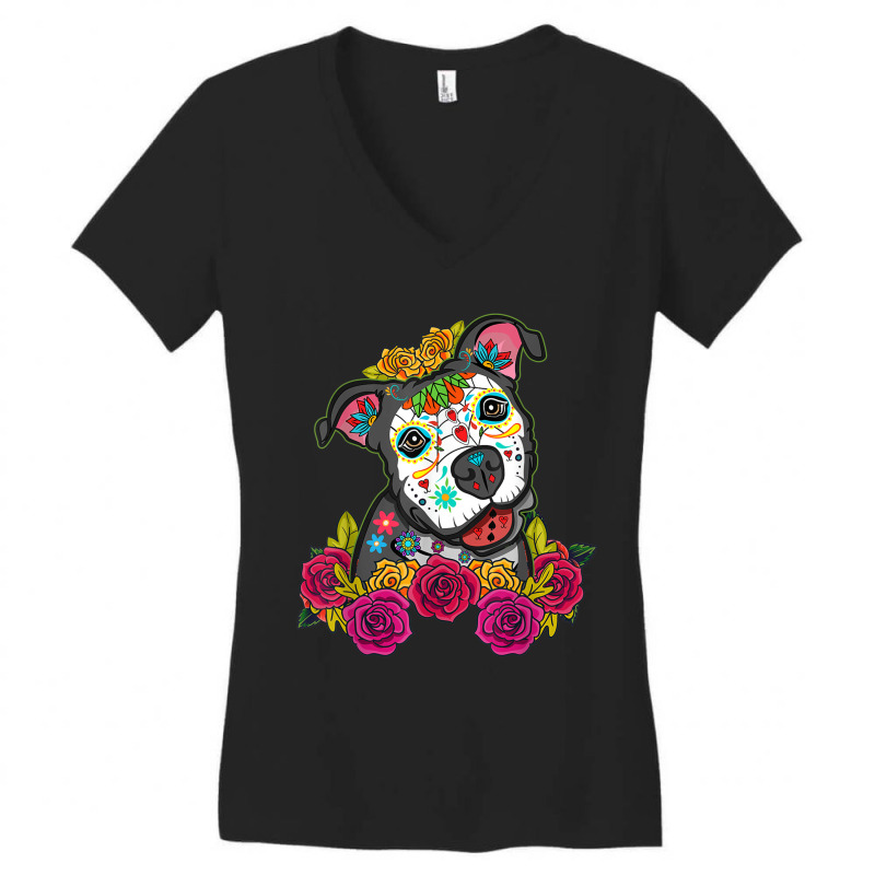 Calaveras De Azúcar Pitbull Dia De Los Muertos Perros Dog Women's V-Neck T-Shirt by SandraMarianela | Artistshot