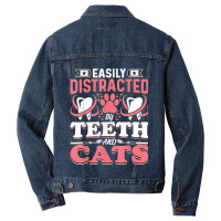 Easily Distracted By Teeth And Cats Dentist Oral Hygienist Men Denim Jacket | Artistshot