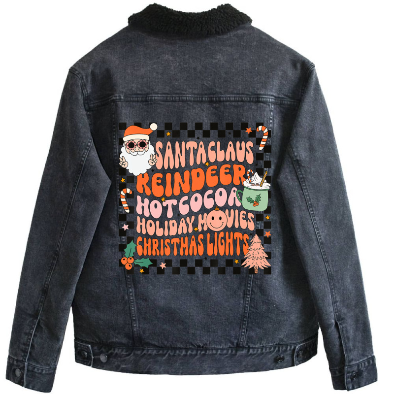 Retro Groovy Santa Claus Reindeer Christmas Cute Xmas Lights Unisex Sherpa-Lined Denim Jacket by rastyrocl | Artistshot