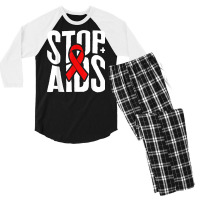 Word Aids Days Stop Aids Red Awareness Ribbon Hiv Month T Shirt Men's 3/4 Sleeve Pajama Set | Artistshot