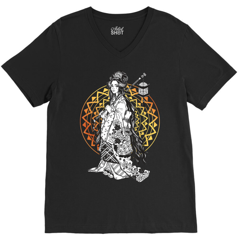 Japanese Geisha In Kimono Tokyo Floral Mandala V-neck Tee | Artistshot