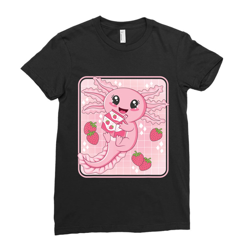 Japanese Strawberry Milk Shake Anime Pink Kawaii Aesthetic Axolotl Mat Ladies Fitted T-Shirt by Min09 | Artistshot