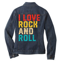 I Love Rock And Roll Distressed Rainbow 70s Retro Vintage Ladies Denim Jacket | Artistshot