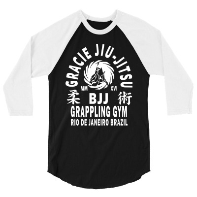 Gracie Jiu Jitsu   White 3/4 Sleeve Shirt Designed By Papa Boutique