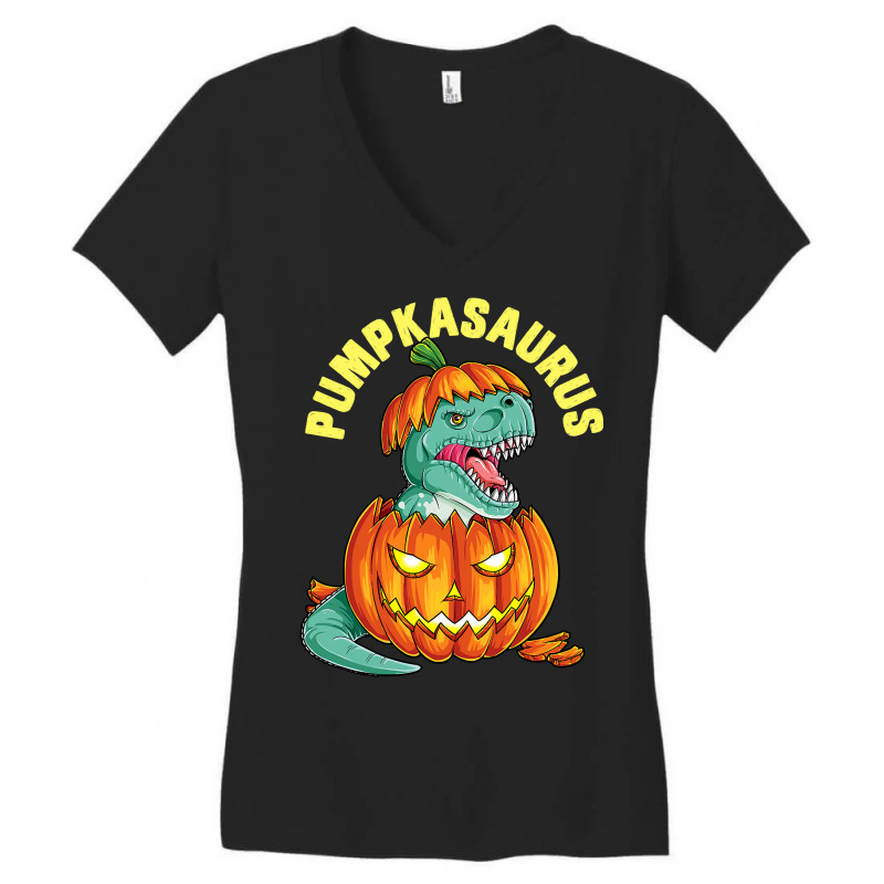 Halloween Boys Men Pumpkasaurus Dinosaur Pumpkin Funny T Rex Women's V-Neck T-Shirt by ElizabethAtist | Artistshot