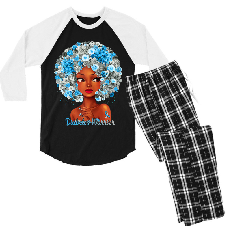 Womens Grey Blue Flowers Afro Hair Black Woman Diabetes Warrior Men's 3/4 Sleeve Pajama Set | Artistshot