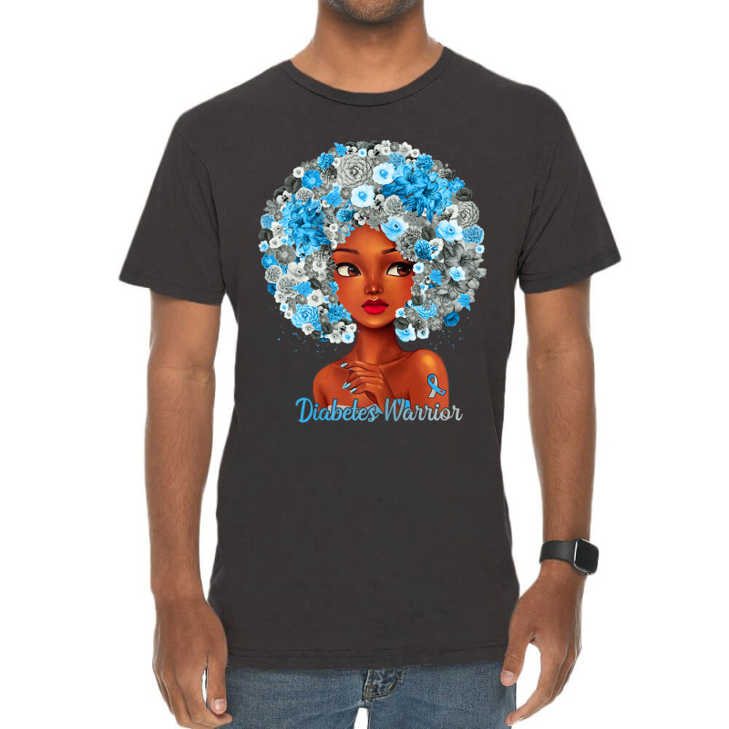 Womens Grey Blue Flowers Afro Hair Black Woman Diabetes Warrior Vintage T-shirt | Artistshot