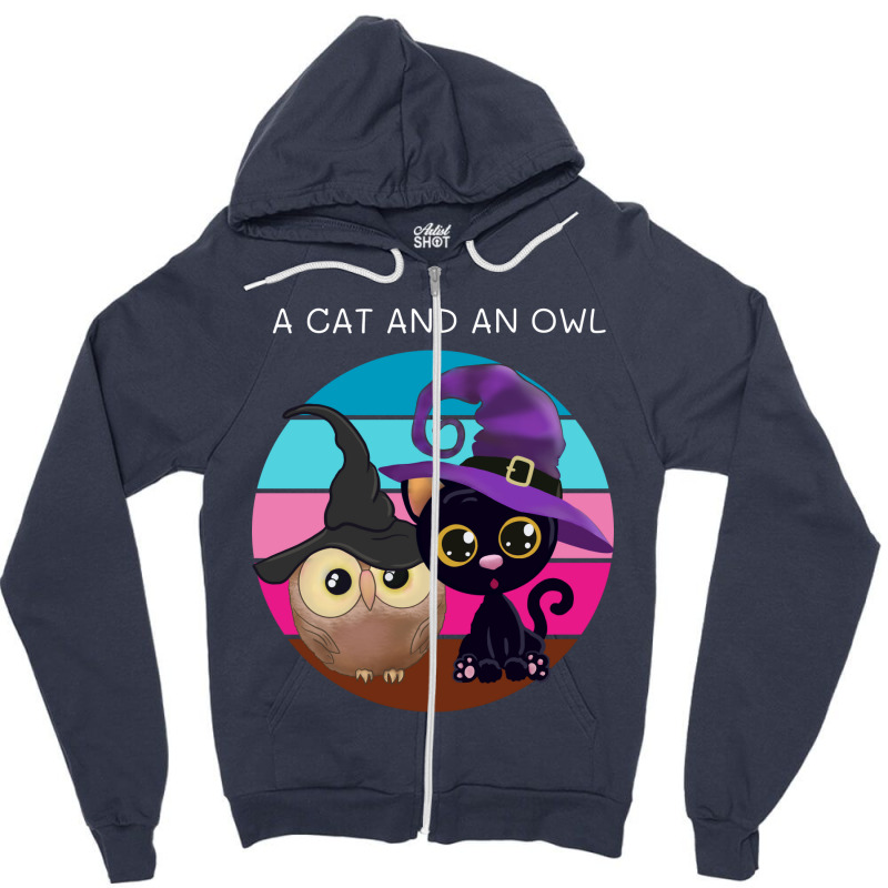 A Cat An And Owl Zipper Hoodie | Artistshot