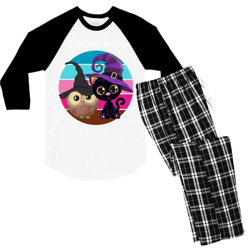 A Cat An And Owl Men's 3/4 Sleeve Pajama Set | Artistshot