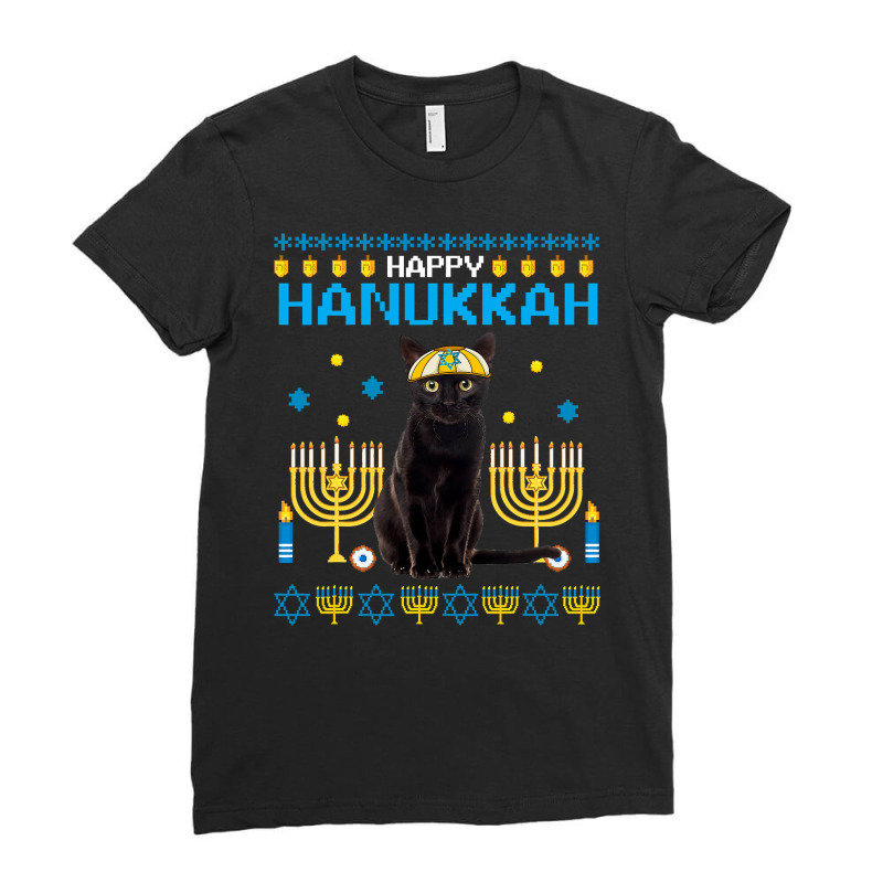 Black Cat Chanukah Jewish Ugly Hanukkah Sweater Pajama Ladies Fitted T-Shirt by Davidartist | Artistshot