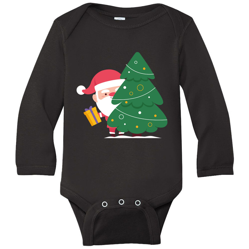 Hot Trend Santa Claus Holding A Gift Behind Christmas Tree Long Sleeve Baby Bodysuit by Milne Charlton | Artistshot