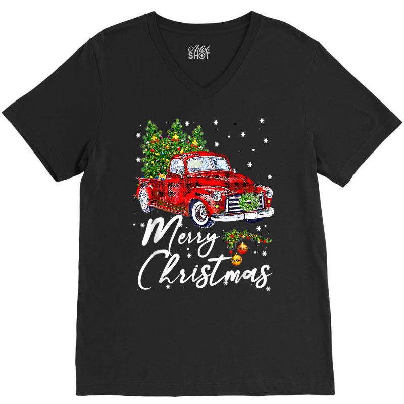 Merry Christmas Vintage Wagon Red Truck Pajama Family Party T Shirt V-Neck Tee by marge3nstbo | Artistshot