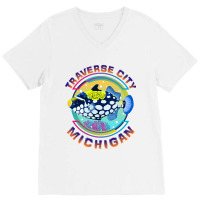 Traverse City Michigan Fishing Town, Clown Triggerfish With Colorful P V-neck Tee | Artistshot