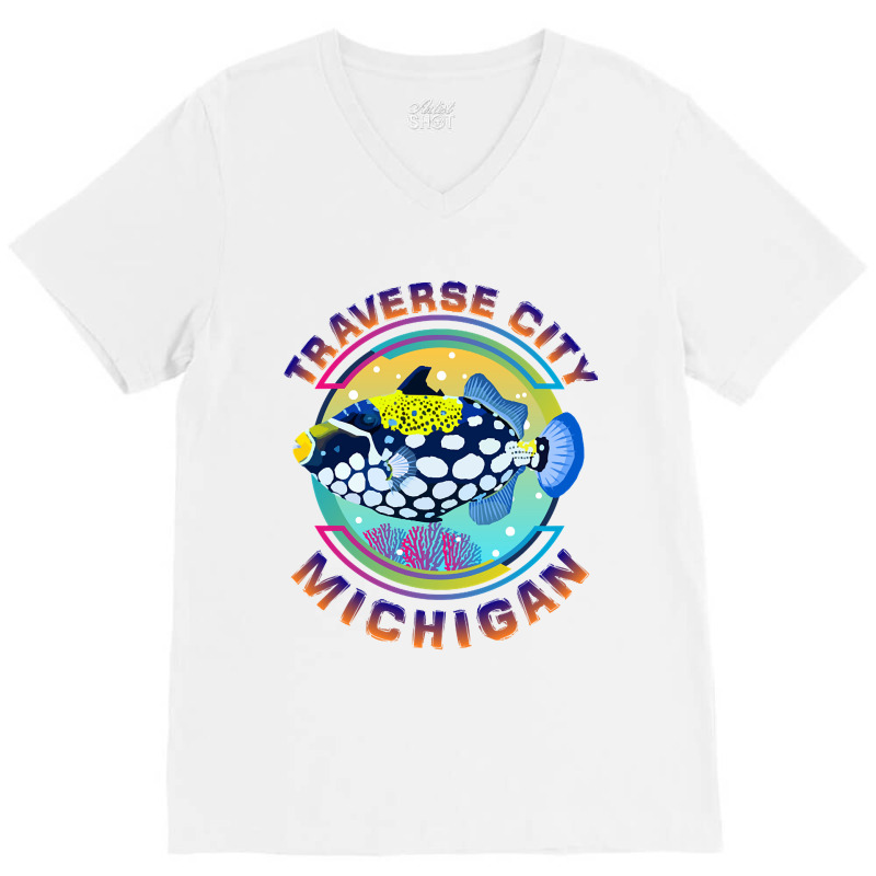 Traverse City Michigan Fishing Town, Clown Triggerfish With Colorful P V-neck Tee | Artistshot