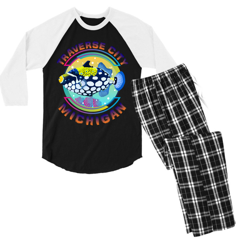 Traverse City Michigan Fishing Town, Clown Triggerfish With Colorful P Men's 3/4 Sleeve Pajama Set | Artistshot