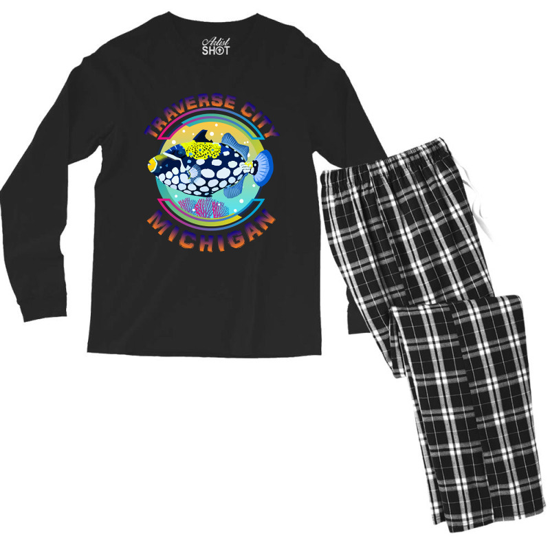 Traverse City Michigan Fishing Town, Clown Triggerfish With Colorful P Men's Long Sleeve Pajama Set | Artistshot