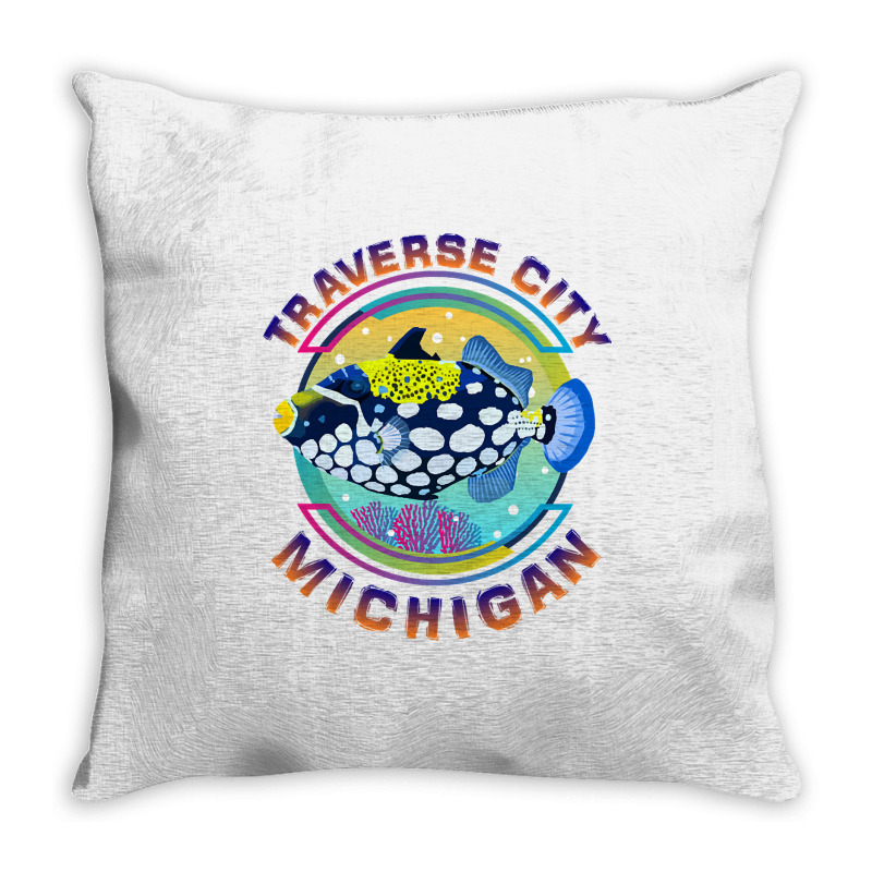 Traverse City Michigan Fishing Town, Clown Triggerfish With Colorful P Throw Pillow | Artistshot