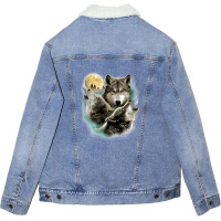 Three Wolves Howling In Moonlight Unisex Sherpa-lined Denim Jacket | Artistshot