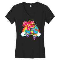 Hot Trend Retro 70s Roller Girl Skate With Heart And Colorful Rainbow Women's V-neck T-shirt | Artistshot