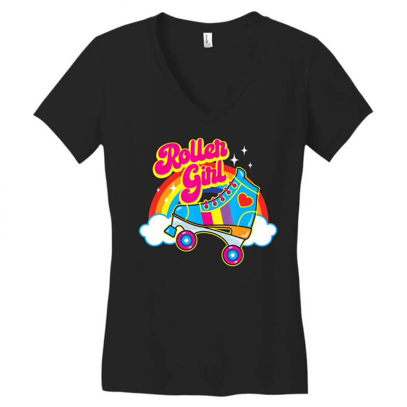 Hot Trend Retro 70s Roller Girl Skate With Heart And Colorful Rainbow Women's V-Neck T-Shirt by michaelyounger19 | Artistshot