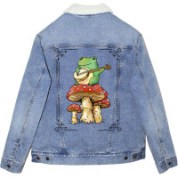 Cottage Core Frog Playing Banjo On Top Of A Mushroom Unisex Sherpa-lined Denim Jacket | Artistshot