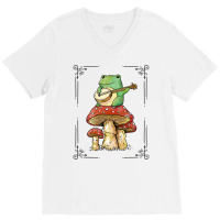 Cottage Core Frog Playing Banjo On Top Of A Mushroom V-neck Tee | Artistshot