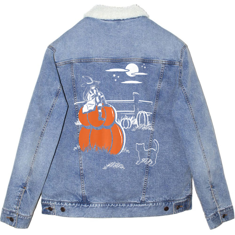 Halloween Witch Sitting On Pumpkin Premium Unisex Sherpa-Lined Denim Jacket by Rhonda | Artistshot