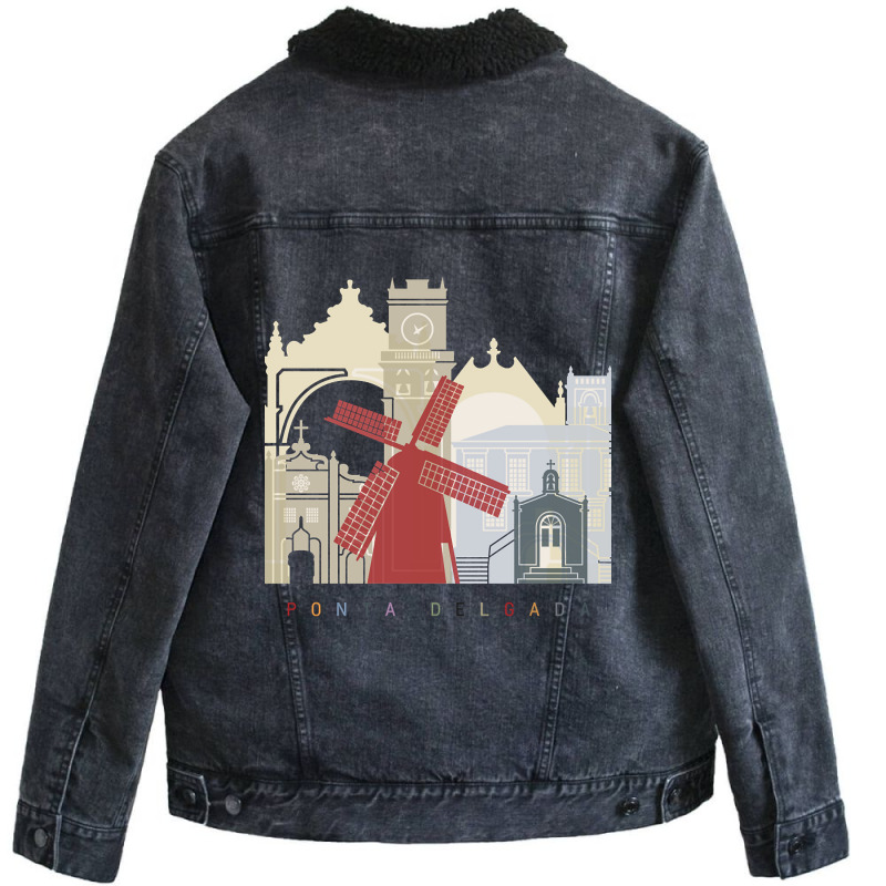 Limited Edition Ponta Delgada Skyline Poster Unisex Sherpa-Lined Denim Jacket by greggjvandervor | Artistshot