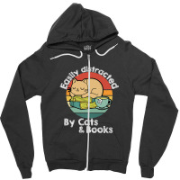 Vintage Retro Easily Distracted By Cats And Books Cat Lover Zipper Hoodie | Artistshot