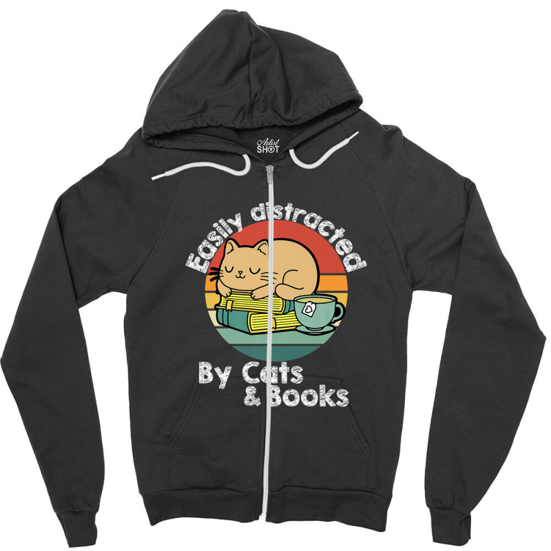 Vintage Retro Easily Distracted By Cats And Books Cat Lover Zipper Hoodie | Artistshot